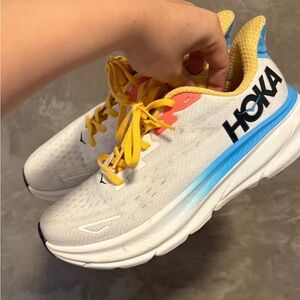 Hoka Clifton 9 White and Yellow Sneakers